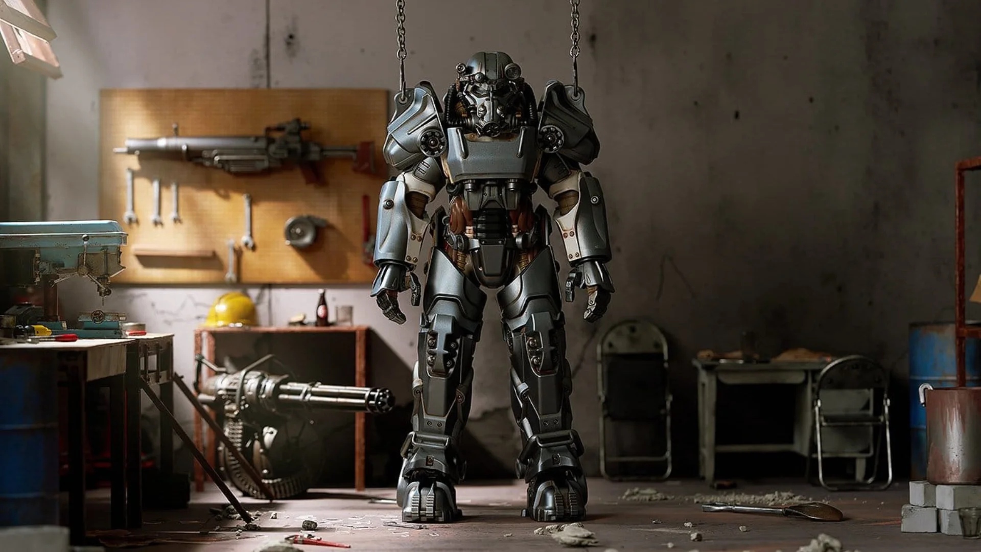 fallout t power armor model kit blog Fallout T-60 Power Armor figure suspended in a workshop power armor station