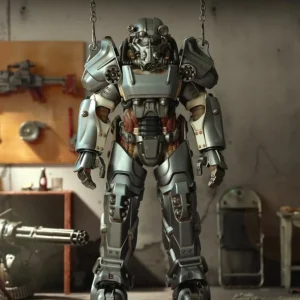 Fallout T-60 Power Armor model kit figure suspended in a power armor station workshop