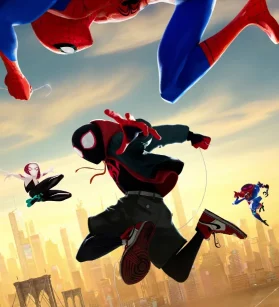 Spider-Man: Into the Spider-Verse animated movie poster featuring Miles Morales, Spider-Gwen, and Peter B. Parker swinging over New York City