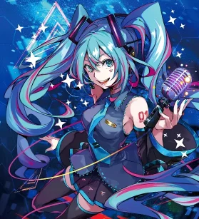 Hatsune Miku Vocaloid anime artwork holding a vintage microphone against a sparkling blue background