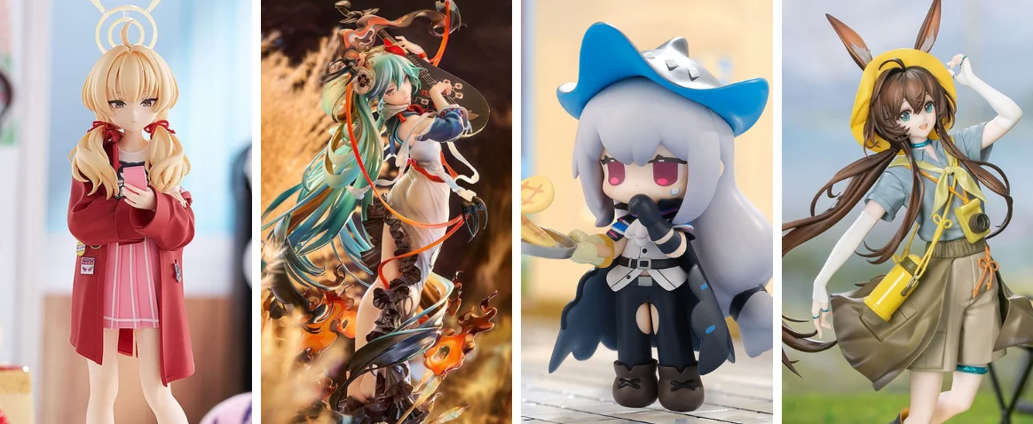 Four anime figures showcasing Yoshimi from Blue Archive, Hatsune Miku, a chibi Skadi, and Amiya from Arknights