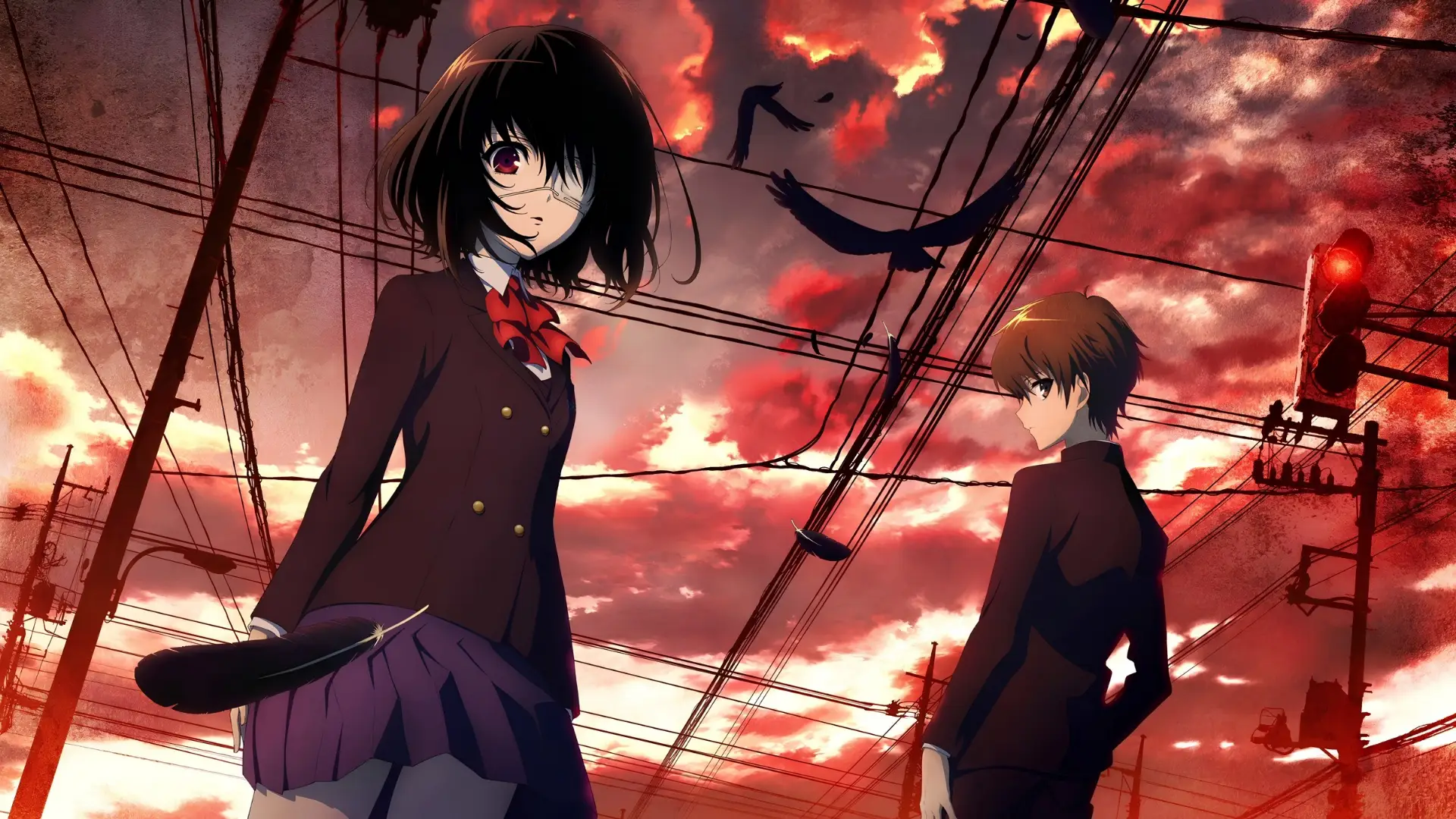 another anime image blog A dramatic and eerie scene from the anime Another featuring Mei Misaki and Kouichi Sakakibara outdoors beneath a vivid crimson sunset sky. Mei stands in the foreground wearing her school uniform and a white eyepatch over her left eye, while crows fly past power lines and a red traffic light looms in the background