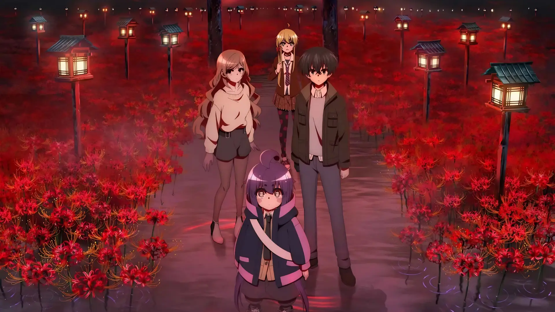 dark gathering anime image blog A scene from Dark Gathering showing Yayoi Hozuki standing in the foreground, flanked by Keitaro Gentouga and Eiko Houzuki, with Ai Kamiyo standing behind them. They are walking down a path lined with glowing traditional lanterns and surrounded by a vast field of vibrant red spider lilies reflecting on wet ground