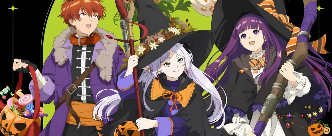 A Halloween-themed illustration of Frieren: Beyond Journey's End featuring Stark, Frieren, and Fern in festive costumes. Stark carries a jack-o'-lantern bucket filled with candy on the left, while Frieren and Fern wear black witch hats and capes with orange accents while holding their wooden staves