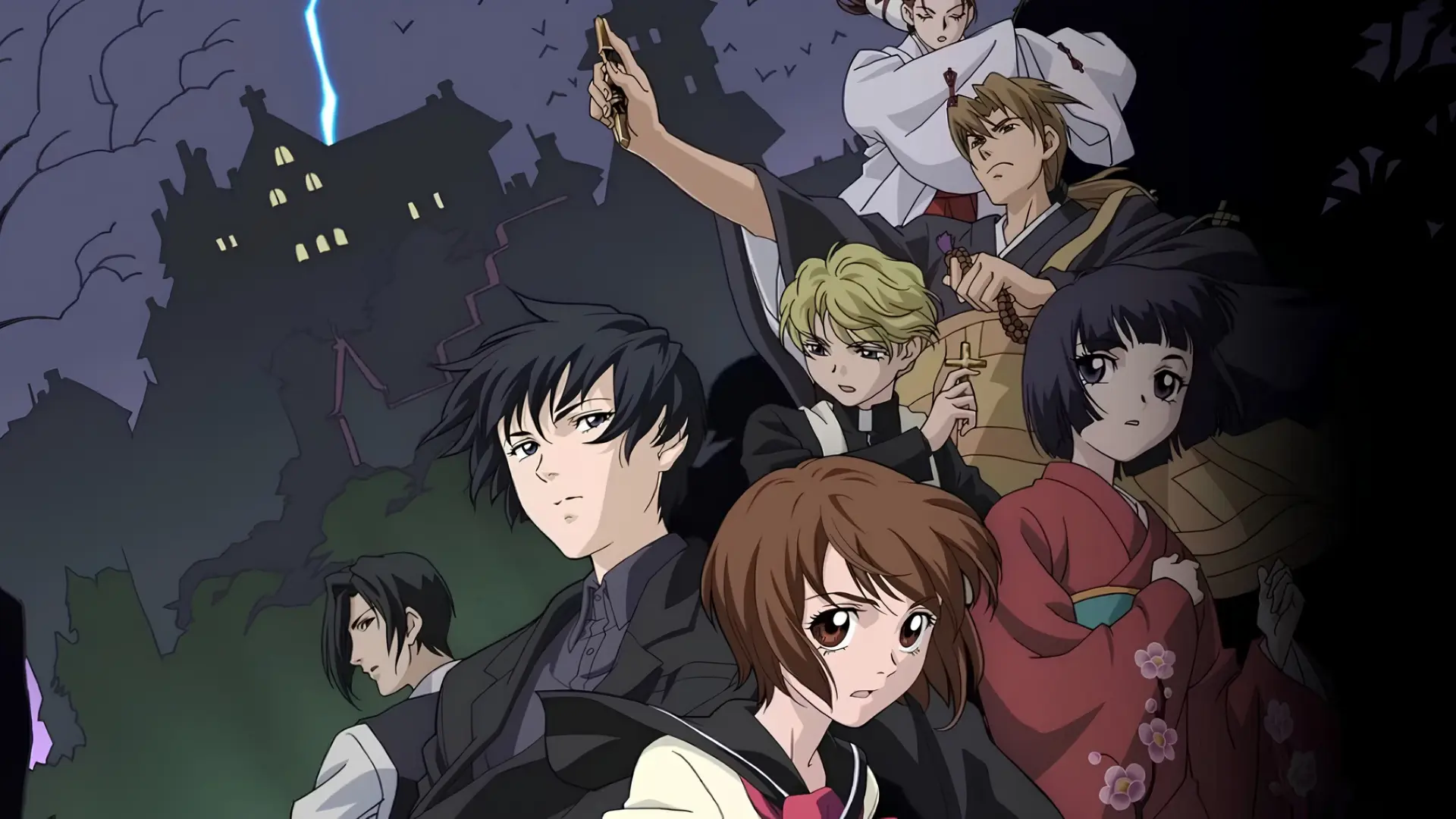 ghost hunt anime image blog An ensemble illustration of the main characters from Ghost Hunt, with Mai Taniyama and Kazuya Shibuya featured prominently in the foreground. Around them are John Brown holding a cross, Housaku Takigawa, Ayako Matsuzaki, Masako Hara, and Lin Koujo, with a dark, lightning-lit mansion silhouette in the background