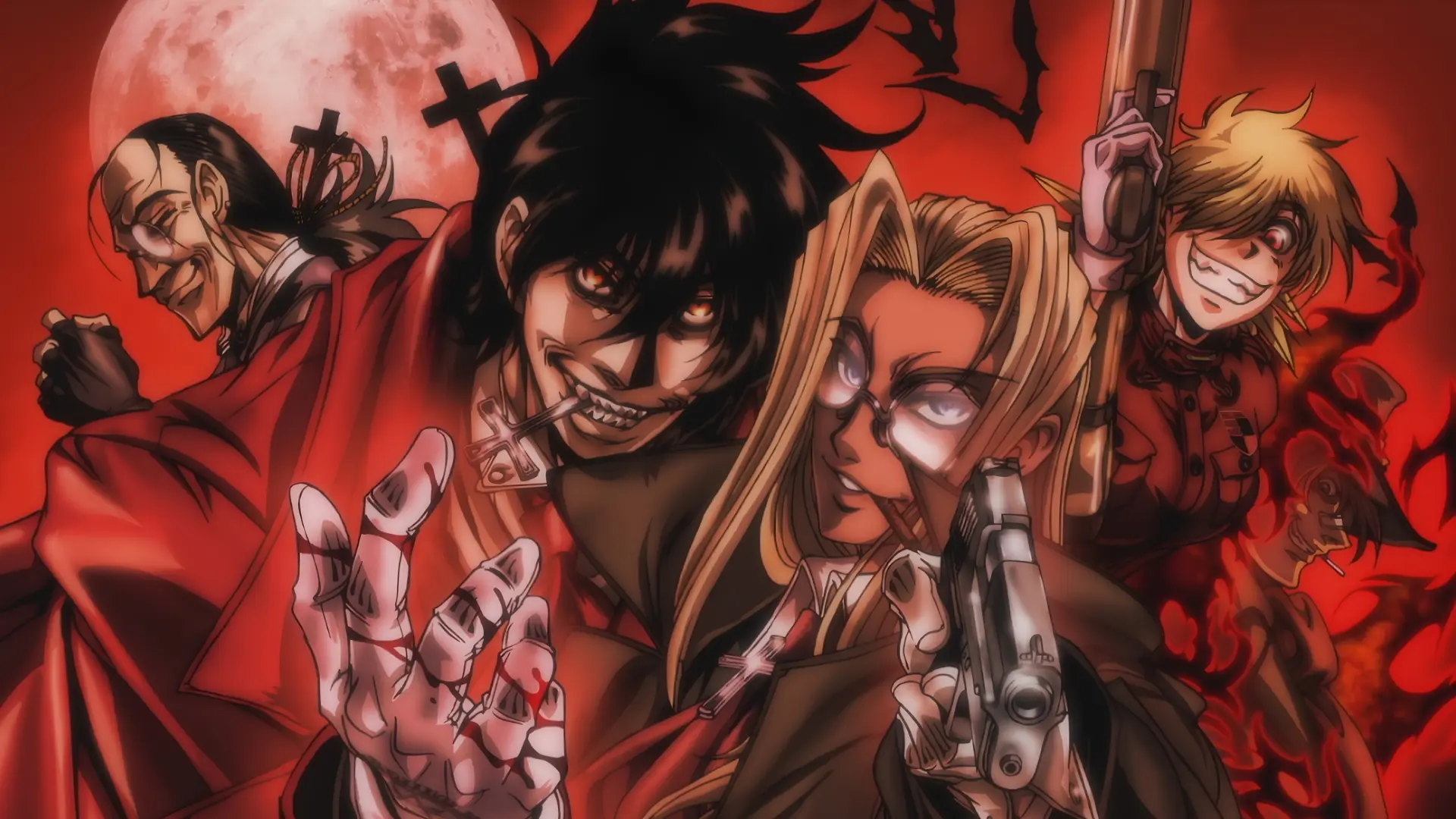 hellsing ultimate anime image blog A dramatic, dark-themed illustration of the main characters from Hellsing Ultimate set against a blood-red background with a full moon. Alucard grins menacingly near the center, flanked by Integra Hellsing holding a handgun, Seras Victoria with a large rifle, and Walter C. Dornez