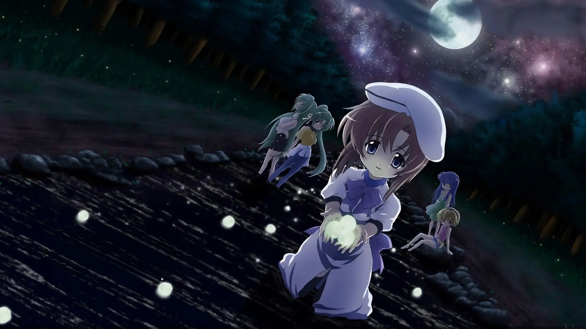 higurashi no naku koro ni anime image blog A night scene from Higurashi: When They Cry featuring Rena Ryuugu kneeling in the foreground wearing a white dress and beret, gently holding glowing fireflies in her cupped hands. In the background, other main characters stand in a dark, forested landscape under a starry sky with a full moon