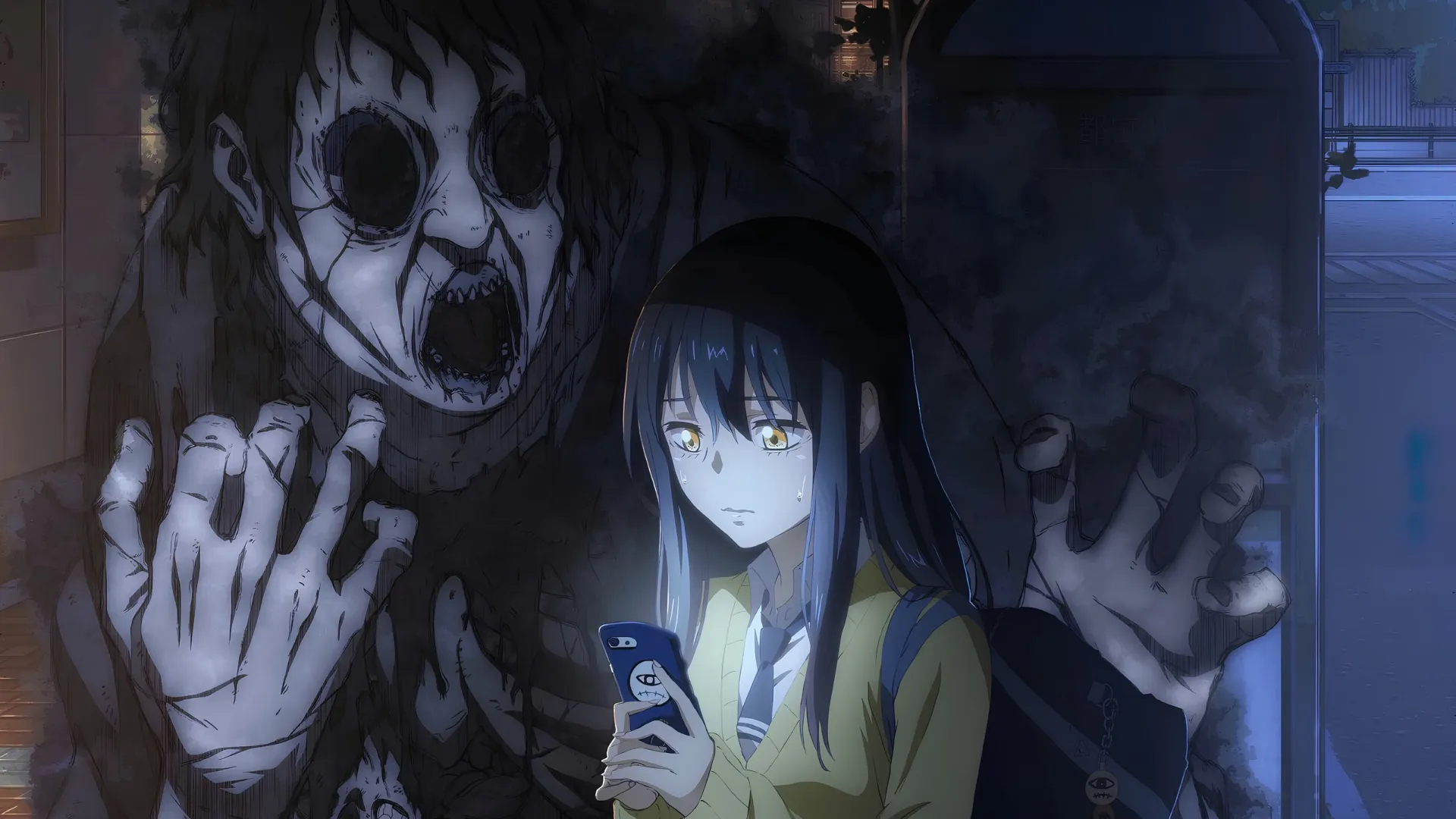 mieruko chan anime image blog A scene from Mieruko-chan showing Miko Yotsuya standing at night holding a glowing smartphone, trying to ignore a massive, terrifying monster looming directly behind her. The creature has a pale, hollow-eyed face, an open mouth, and large clawed hands surrounding her