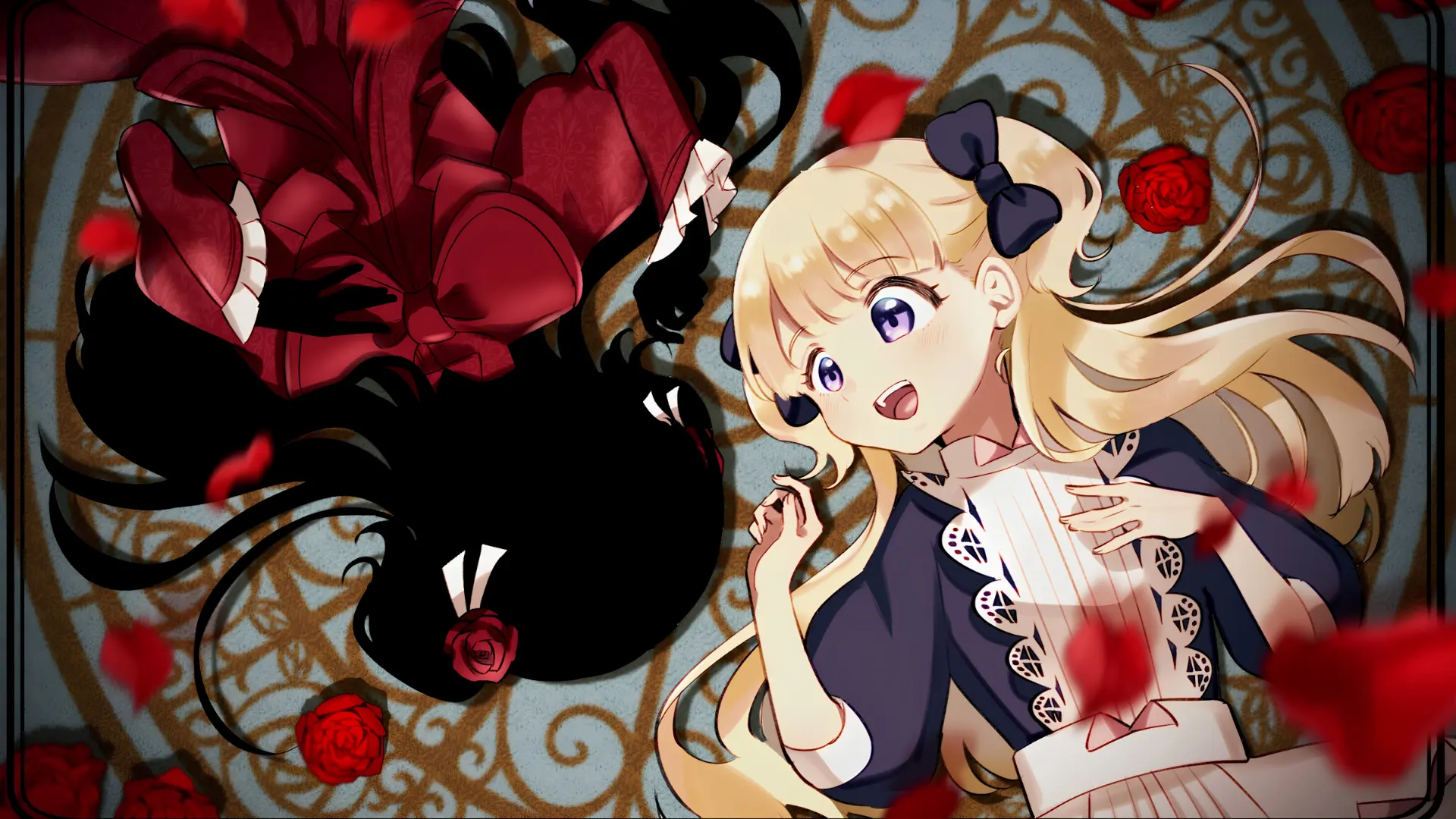 shadows house anime image blog An overhead view from Shadows House featuring Kate and Emilico lying on an ornate floor surrounded by scattered red rose petals. Kate is a pitch-black silhouette wearing a red Victorian-style dress, while Emilico is a cheerful blonde girl wearing a maid dress