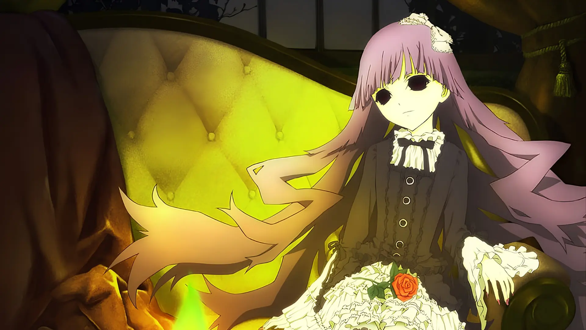 shiki anime image blog An eerie anime-style scene featuring Sunako Kirishiki from Shiki sitting on a luxurious tufted yellow armchair. She has long light-purple hair, completely pitch-black eyes, and wears a dark Gothic-style dress with white ruffled details and an orange rose accent on her skirt
