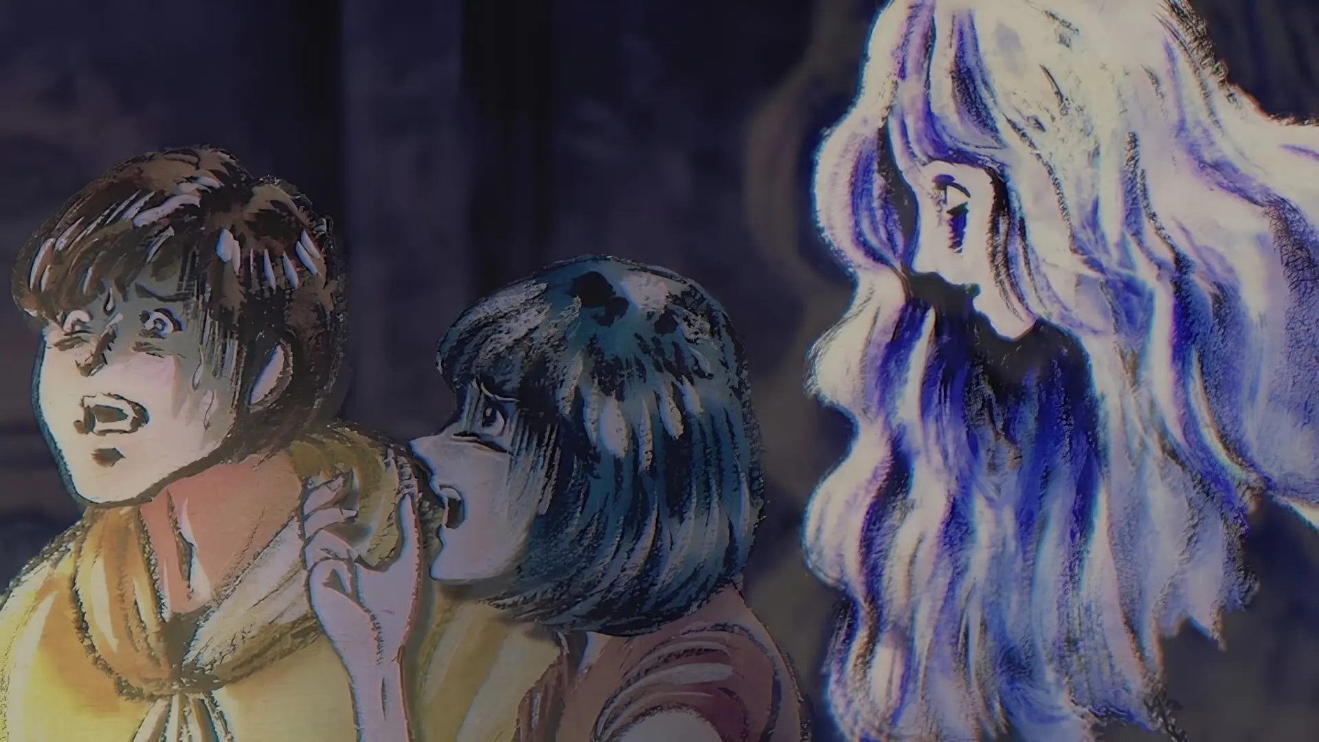 yami shibai japanese ghost stories image blog A paper-theater-style kamishibai scene from Yamishibai: Japanese Ghost Stories showing two terrified characters in the foreground looking back in fear. Behind them stands a ghostly, spectral figure with long, glowing white hair and a pale face glowing against the dark background